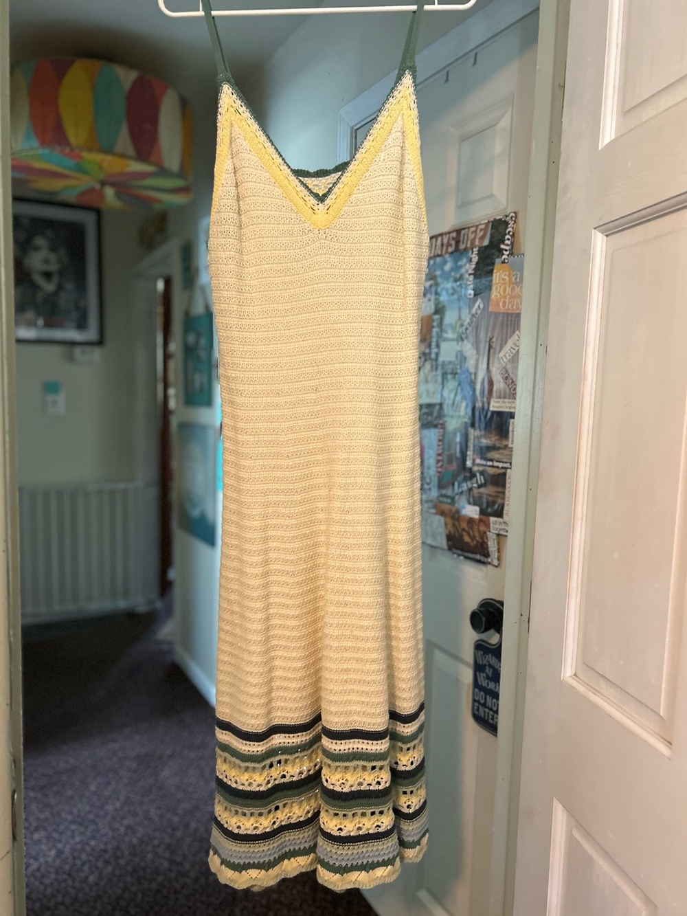 Cream colored Crochet Slip Dress with yellow and Green Trim